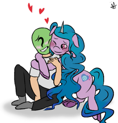 Size: 541x567 | Tagged: safe, artist:neonnaisedraws, imported from derpibooru, izzy moonbow, oc, oc:anon, human, pony, unicorn, blushing, cuddling, female, g5, heart, hug, human and pony, male, my little pony: a new generation, romance, romantic, silly, simple background, straight, white background