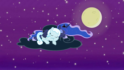 Size: 3023x1699 | Tagged: safe, artist:detailedatream1991, imported from derpibooru, princess luna, oc, oc:snowdrop, alicorn, pegasus, pony, female, full moon, moon, night, sleeping, stars