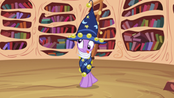 Size: 1920x1080 | Tagged: safe, imported from derpibooru, screencap, twilight sparkle, pony, unicorn, luna eclipsed, season 2, book, bookshelf, clothes, costume, derp, dizzy, faic, female, golden oaks library, mare, nightmare night costume, solo, star swirl the bearded costume, tangled up, tongue out, twilight sparkle is best facemaker, unicorn twilight