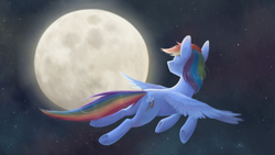 Size: 1920x1080 | Tagged: safe, artist:kisynya193, artist:nikosh14, imported from derpibooru, rainbow dash, pegasus, pony, butt, female, flying, full moon, mare, moon, night, plot, signature, sky, solo, stars