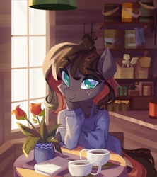 Size: 3640x4096 | Tagged: safe, artist:saxopi, imported from derpibooru, oc, oc only, semi-anthro, bucket, chair, clothes, coffee, coffee cup, cup, eyebrows, eyebrows visible through hair, eyelashes, flower, freckles, high res, hoof on chin, looking at you, no pupils, oc name needed, paper, rose, sitting, solo, table, window