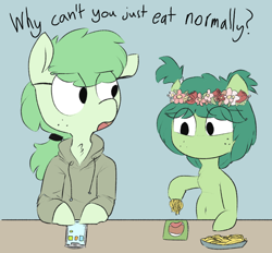 Size: 750x696 | Tagged: safe, artist:cherro, imported from derpibooru, oc, oc only, oc:lithium flower, oc:mouthpiece, pony, clothes, dialogue, floral head wreath, flower, food, hoodie, pasta, phone, spaghetti