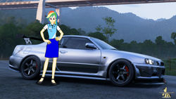 Size: 3840x2160 | Tagged: safe, artist:forzaveteranenigma, imported from derpibooru, rainbow dash, human, fanfic:equestria motorsports, equestria girls, car, clothes, flats, forza horizon 5, human coloration, humanized, legs, looking at you, nissan, nissan skyline, shoes, skirt, smiling, smiling at you, watermark
