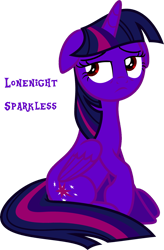 Size: 2679x4096 | Tagged: safe, anonymous artist, artist:korsoo, color edit, edit, imported from derpibooru, twilight sparkle, alicorn, pony, stranger than fan fiction, colored, female, floppy ears, folded wings, high res, lonely, lonenight sparkless, mare, raised hoof, sad, simple background, sitting, solo, sorrow, text, transparent background, twilight sparkle (alicorn), vector, wings