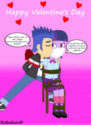 Size: 1700x2338 | Tagged: safe, artist:robukun, imported from derpibooru, flash sentry, twilight sparkle, equestria girls, equestria girls series, angry, bondage, bouquet, cheek kiss, cloth gag, flower, gag, happy valentines day, heart, holiday, kissing, muffled words, over the nose gag, rope, rope bondage, ropes, tied to chair, tied up, twilight sparkle is not amused, unamused, valentine, valentine's day