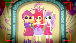 Size: 3410x1920 | Tagged: safe, imported from derpibooru, screencap, apple bloom, scootaloo, sweetie belle, a photo booth story, eqg summertime shorts, equestria girls, adorabloom, apple bloom's bow, balloon, bow, camera shot, cute, cutealoo, cutie mark crusaders, diasweetes, fall formal outfits, female, grin, hair bow, high res, sleeveless, smiling