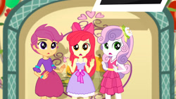 Size: 3410x1920 | Tagged: safe, imported from derpibooru, screencap, apple bloom, scootaloo, sweetie belle, a photo booth story, eqg summertime shorts, equestria girls, apple bloom's bow, balloon, bow, cutie mark crusaders, fall formal outfits, female, hair bow, high res, open mouth