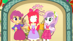 Size: 3410x1920 | Tagged: safe, imported from derpibooru, screencap, apple bloom, scootaloo, sweetie belle, a photo booth story, eqg summertime shorts, equestria girls, apple bloom's bow, balloon, bow, cutie mark crusaders, eyes closed, fall formal, fall formal outfits, female, flower, flower in hair, hair bow, high res, paper, photo, shocked, sleeveless