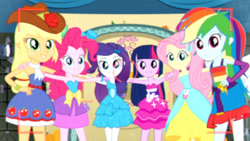 Size: 3410x1920 | Tagged: safe, imported from derpibooru, screencap, applejack, fluttershy, pinkie pie, rainbow dash, rarity, twilight sparkle, a photo booth story, eqg summertime shorts, equestria girls, bare shoulders, belt, bracelet, camera shot, cowboy hat, fall formal outfits, female, hairpin, hand on hip, hat, high res, humane five, humane six, jewelry, sleeveless, smiling, strapless, twilight ball dress