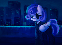 Size: 2275x1665 | Tagged: safe, artist:menalia, imported from derpibooru, oc, oc only, oc:shiru, pegasus, pony, city, clothes, dark background, emotionless, eyepatch, female, mare, night, pants, shirt, water, wings