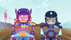 Size: 3410x1920 | Tagged: safe, imported from derpibooru, screencap, indigo zap, sunset shimmer, equestria girls, friendship games, duo, duo female, female, helmet, high res, motorcycle, smiling