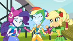 Size: 3410x1920 | Tagged: safe, imported from derpibooru, screencap, applejack, rainbow dash, rarity, equestria girls, friendship games, eyes closed, female, grin, helmet, high res, ponied up, sleeveless, smiling, spread wings, trio, trio female, wings