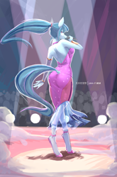 Size: 3587x5425 | Tagged: safe, artist:龙宠, imported from derpibooru, sonata dusk, anthro, siren, unguligrade anthro, equestria girls, equestria girls series, absurd resolution, ass, big breasts, breasts, butt, clothes, dress, female, looking at you, looking back, looking back at you, rear view, solo, tail, tail hole