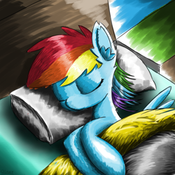 Size: 1080x1080 | Tagged: safe, artist:qianz, derpibooru exclusive, imported from derpibooru, rainbow dash, pegasus, pony, bed, cute, dashabetes, ear fluff, female, mare, pillow, sleeping, solo