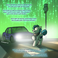 Size: 800x800 | Tagged: safe, artist:captainhoers, imported from derpibooru, oc, oc only, oc:frost bright, unicorn, the sunjackers, car, cyberpunk, male, stallion, vulgar