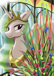 Size: 1024x1449 | Tagged: safe, artist:neoshrek, imported from derpibooru, princess celestia, alicorn, pony, female, flower, smiling, solo