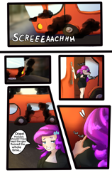 Size: 2400x3800 | Tagged: safe, artist:sjmarts, imported from derpibooru, rarity, human, equestria girls, bus, clothes, comic, comic page, crossover, driving, hand, humanized, smoke, solo, spice girls, spice world, tapping, worried