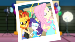 Size: 3410x1920 | Tagged: safe, imported from derpibooru, screencap, applejack, fluttershy, rarity, a photo booth story, eqg summertime shorts, equestria girls, balloon, bare shoulders, bracelet, eyes closed, fall formal outfits, female, hairpin, hand on hip, high res, jewelry, sleeveless, smiling, strapless, trio