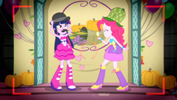 Size: 3410x1920 | Tagged: safe, imported from derpibooru, screencap, pinkie pie, twilight sparkle, a photo booth story, eqg summertime shorts, equestria girls, armpits, balloon, bare shoulders, boots, camera shot, cute, diapinkes, duo, duo female, eyes closed, fake moustache, fall formal outfits, female, grin, high res, magnifying glass, shoes, sleeveless, smiling, strapless, twilight ball dress