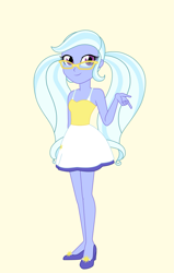 Size: 1625x2561 | Tagged: safe, artist:theshadamyartisto10, imported from derpibooru, sugarcoat, equestria girls, alternate clothes, alternate hairstyle, bare shoulders, clothes, cute, dress, glasses, high heels, legs, looking at you, meganekko, pigtails, shoes, simple background, sleeveless, solo, sugarcute, twintails