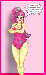 Size: 1024x1651 | Tagged: safe, artist:lennondash, imported from derpibooru, sour sweet, equestria girls, angry, boob freckles, breasts, chest freckles, cleavage, clothes, crossed arms, female, freckles, hip freckles, leg freckles, legs together, one-piece swimsuit, pink swimsuit, shoulder freckles, solo, speech bubble, swimsuit