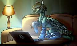 Size: 2800x1689 | Tagged: safe, artist:system-destroyer, artist:technodjent, imported from derpibooru, oc, oc only, oc:inex code, pegasus, pony, clothes, colored wings, computer, couch, kneesocks, lamp, laptop computer, male, socks, solo, striped socks, tail, two toned mane, two toned tail, two toned wings, wings