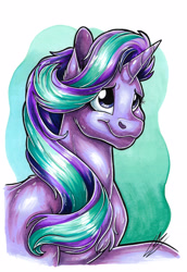 Size: 2417x3506 | Tagged: safe, artist:lupiarts, imported from derpibooru, starlight glimmer, pony, unicorn, bust, commission, female, portrait, shiny, simple background, solo, traditional art, white background