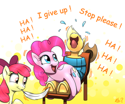 Size: 1898x1584 | Tagged: safe, artist:questionmarkdragon, imported from derpibooru, apple bloom, applejack, pinkie pie, earth pony, pony, applejack's hat, bondage, chair, cowboy hat, cute, feather, female, filly, foal, hat, hoof tickling, laughing, mare, mouth hold, open mouth, open smile, restrained, smiling, text, tickle torture, tickling, underhoof, volumetric mouth