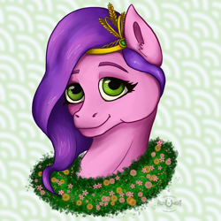 Size: 2755x2755 | Tagged: safe, artist:palettenight, imported from derpibooru, pipp petals, pegasus, pony, bust, crown, cute, flower, flower in hair, g5, jewelry, looking at you, my little pony: a new generation, portrait, princess, regalia, smiling, smiling at you, solo, spring, wreath