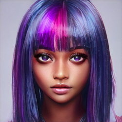 Size: 512x512 | Tagged: safe, editor:diameltzowo, imported from derpibooru, twilight sparkle, human, bust, dark skin, eyebrows down, female, g4, humanized, looking up, portrait, purple eyes, realistic, simple background, solo
