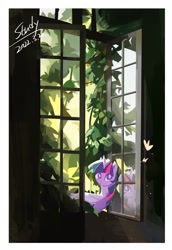 Size: 1759x2553 | Tagged: safe, artist:fan_silversol, imported from derpibooru, twilight sparkle, alicorn, pony, female, folded wings, leaves, mare, reflection, smiling, solo, twilight sparkle (alicorn), window, wings