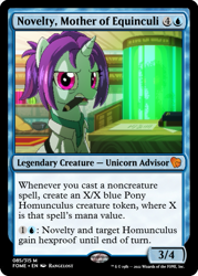 Size: 375x523 | Tagged: safe, artist:rangelost, edit, imported from derpibooru, oc, oc:novelty, unicorn, cyoa:d20 pony, ccg, clothes, horn, lab coat, magic the gathering, pen, trading card, trading card edit, unicorn oc