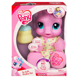 Size: 400x400 | Tagged: safe, imported from derpibooru, photographer:absol, pinkie pie (g3), earth pony, human, pony, baby, baby bottle, baby pie (g3), baby pony, bottle, box, clothes, cute, electronic toy, female, filly, foal, g3 diapinkes, g3.5, human female, my little pony logo, official, shirt, short sleeves, simple background, so soft, so soft pinkie pie, toy, white background
