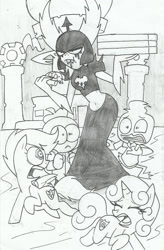 Size: 1024x1561 | Tagged: safe, artist:rogelis, imported from derpibooru, scootaloo, sweetie belle, annoyed, crossover, ducktales 2017, food, lord dominator, pizza, traditional art, unamused, wander over yonder, wreck-it ralph