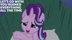 Size: 1280x720 | Tagged: safe, edit, edited screencap, editor:quoterific, imported from derpibooru, screencap, starlight glimmer, pony, unicorn, rock solid friendship, season 7, bed, female, mare, open mouth, open smile, pillow, smiling, solo, text