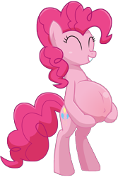 Size: 5400x8100 | Tagged: safe, artist:xniclord789x, imported from derpibooru, pinkie pie, earth pony, pony, belly, belly button, big belly, bipedal, cute, diapinkes, eyes closed, female, grin, happy, hoof on belly, mare, outie belly button, preggy pie, pregnant, simple background, smiling, solo, standing on two hooves, transparent background