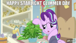 Size: 640x360 | Tagged: safe, edit, edited screencap, editor:quoterific, imported from derpibooru, screencap, phyllis, starlight glimmer, pony, unicorn, a horse shoe-in, season 9, animated, female, gif, gifs.com, impact font, mare, open mouth, school of friendship, starlight glimmer day, starlight's office, text