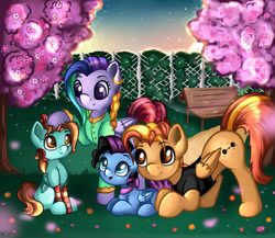 Size: 1280x1110 | Tagged: safe, artist:appleneedle, imported from derpibooru, pegasus, pony, cherry blossoms, commission, family, female, filly, flower, flower blossom, foal, garden, love, nature, park