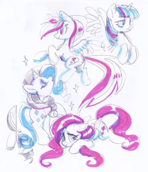 Size: 1322x1538 | Tagged: safe, artist:lunnita_pony, imported from derpibooru, fluttershy, rainbow dash, rarity, twilight sparkle, alicorn, pegasus, pony, unicorn, female, flying, limited palette, mare, simple background, sketch, smiling, traditional art, twilight sparkle (alicorn), white background