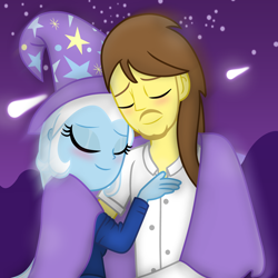 Size: 1920x1920 | Tagged: safe, artist:grapefruit-face, imported from derpibooru, trixie, oc, oc:grapefruit face, equestria girls, blushing, canon x oc, cape, clothes, duo, eyes closed, fall formal outfits, female, glowing, grapexie, hat, hug, male, motion blur, outdoors, shipping, shooting star, show accurate, straight, trixie's cape, trixie's hat, wrapped up