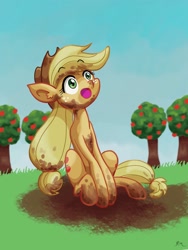 Size: 1536x2048 | Tagged: safe, artist:catscratchpaper, imported from derpibooru, applejack, earth pony, pony, apple, apple tree, female, mud, silly, silly pony, solo, tree