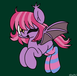 Size: 2374x2344 | Tagged: safe, artist:derpyalex2, imported from derpibooru, oc, oc only, bat pony, pony, clothes, flying, looking at you, one eye closed, socks, solo, wink, winking at you