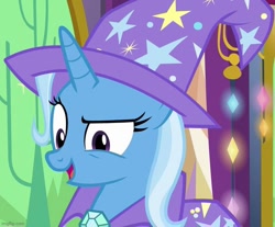 Size: 703x582 | Tagged: safe, imported from derpibooru, screencap, trixie, pony, unicorn, no second prances, season 6, brooch, cape, clothes, hat, jewelry, trixie's brooch, trixie's cape, trixie's hat