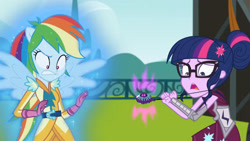 Size: 3410x1920 | Tagged: safe, imported from derpibooru, screencap, rainbow dash, sci-twi, twilight sparkle, equestria girls, friendship games, duo, duo female, female, glasses, high res, magic, magic capture device, open mouth, ponied up, shrunken pupils, spread wings, wings