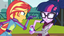 Size: 3410x1920 | Tagged: safe, imported from derpibooru, screencap, sci-twi, sunset shimmer, twilight sparkle, equestria girls, friendship games, duo, duo female, female, glasses, high res, magic capture device, open mouth, pointing