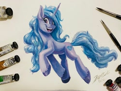 Size: 2048x1536 | Tagged: safe, artist:kaylerustone, imported from derpibooru, izzy moonbow, pony, unicorn, female, g5, gouache, mare, open mouth, open smile, paintbrush, smeel, smiling, solo, traditional art