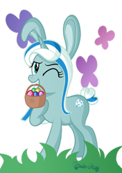 Size: 1280x1820 | Tagged: safe, artist:tenderrain-art, imported from derpibooru, oc, oc only, oc:tender rain, pony, unicorn, basket, bunny ears, easter egg, female, grass, hoof on chest, hooves, horn, mare, mouth hold, one eye closed, shading, signature, simple background, smiling, solo, standing, tail, transparent background, two toned mane, two toned tail, unicorn oc, wink