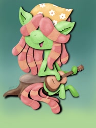 Size: 1536x2048 | Tagged: safe, artist:catscratchpaper, imported from derpibooru, tree hugger, earth pony, pony, bandana, female, gradient background, guitar, hair over eyes, mare, musical instrument, open mouth, singing, solo, tree stump