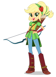 Size: 1400x1922 | Tagged: dead source, safe, imported from derpibooru, applejack, equestria girls, friendship games, alternate hairstyle, archery, arrow, boots, bow (weapon), bow and arrow, clothes, female, freckles, hand on hip, looking at you, official, open mouth, quiver, school spirit, shoes, simple background, solo, transparent background, vector, weapon, wondercolts