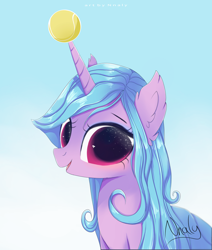 Size: 1280x1506 | Tagged: safe, artist:nnaly, imported from derpibooru, izzy moonbow, pony, unicorn, ball, big eyes, female, g5, gradient background, horn, hornball, izzy's tennis ball, mare, solo, starry eyes, tennis ball, wingding eyes